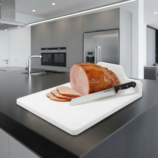 Slicing tomatoes safely using 3rd Hand Cutting Board backguard feature
